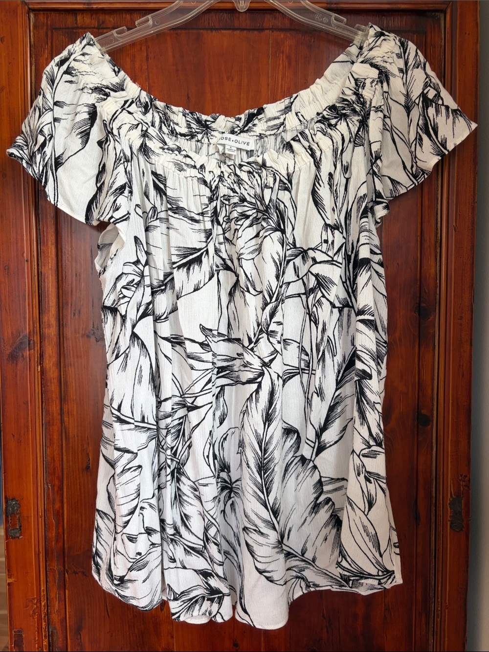 Rose & Olive White Off-Shoulder Tunic with Black Leaf Print